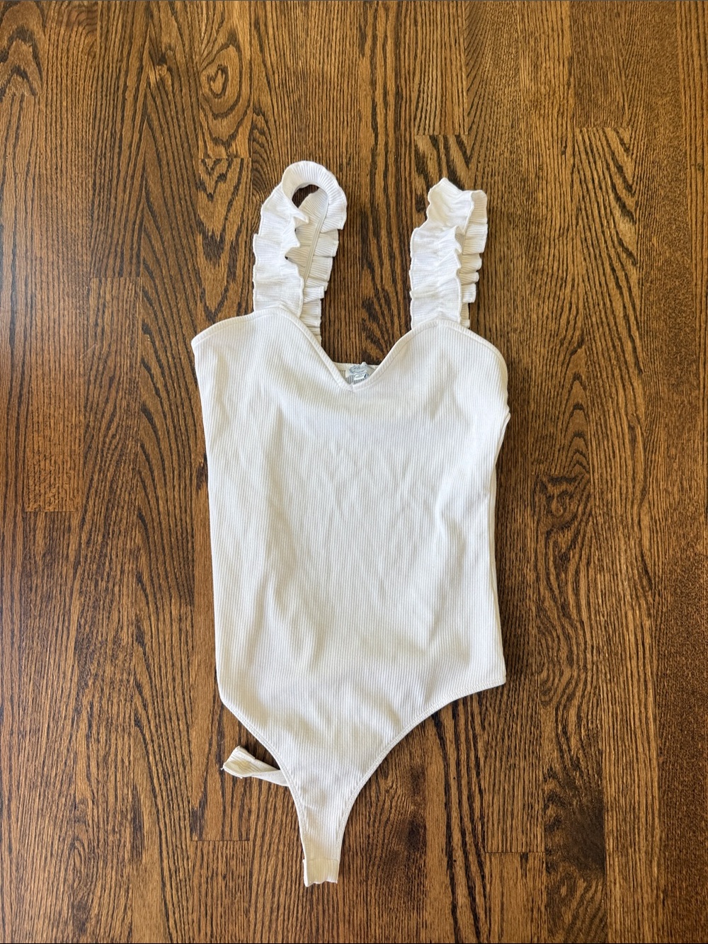 Francesca's Collections Cream Ruffle Strap Ribbed Bodysuit